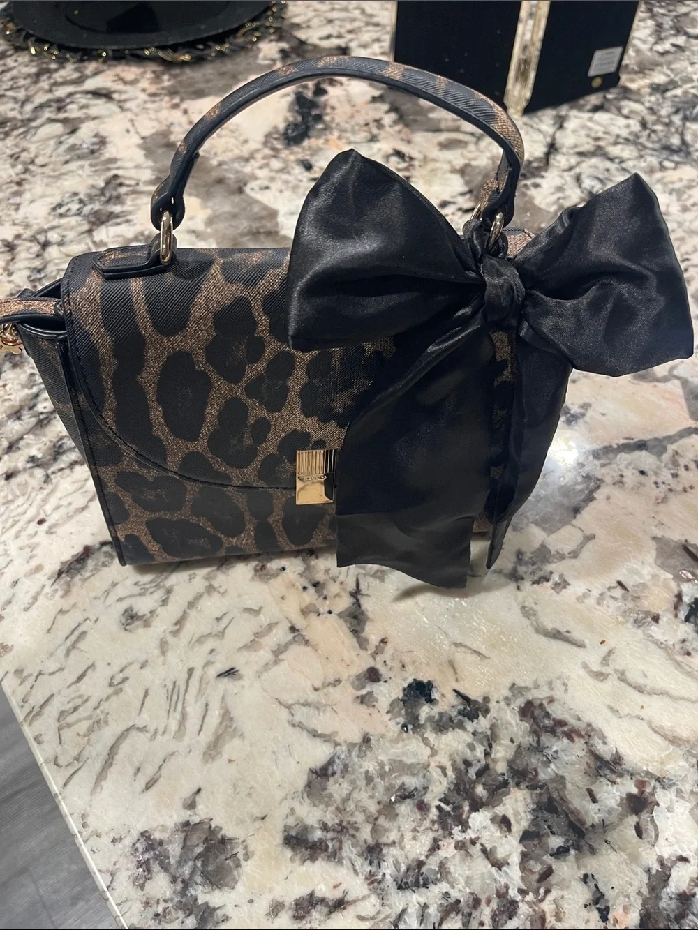 Aldo Black and Brown Leopard-Print Satchel with Black Bow Accent